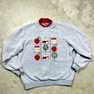 Women's Gray Crewneck Sweater with Red Apple Motif